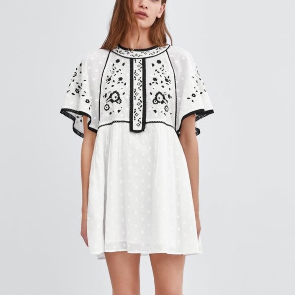Zara Black White Embroidered Babydoll Dress
